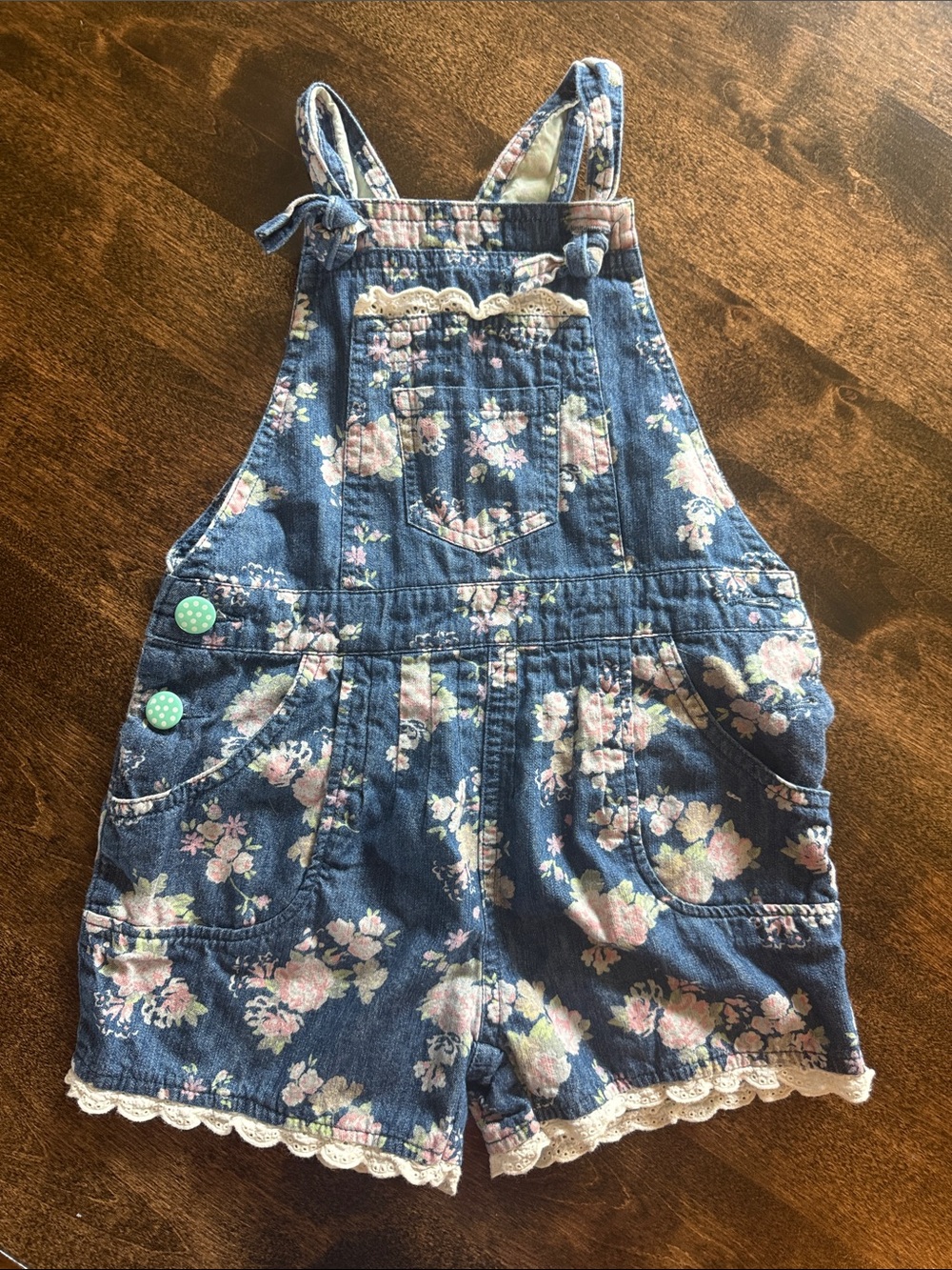 Matilda Jane Floral Denim Shortall Overalls - Blue with Pink Flowers